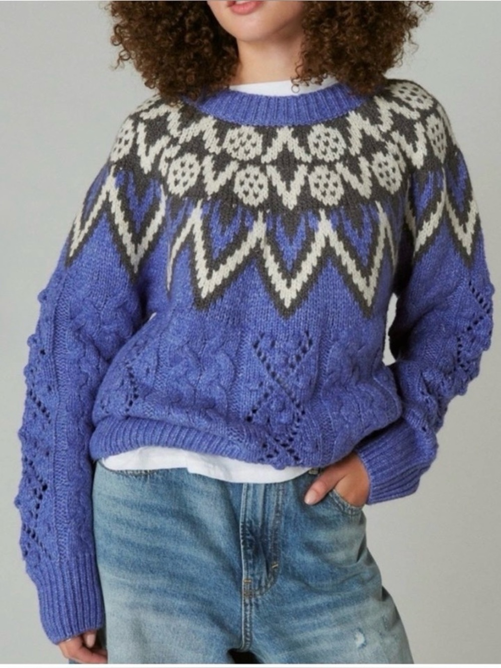 Lucky Brand Blue Fair Isle Cable Knit Crewneck Sweater